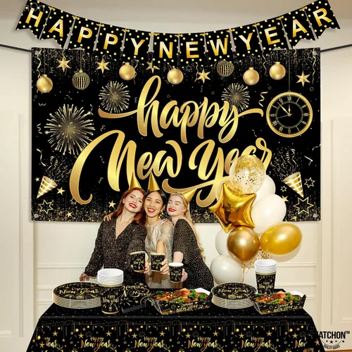 Vista 7 de KatchOn, Juego enorme de decoraciones de mesa de Año Nuevo, paquete de 117 Suministros de fiesta de Feliz Año Nuevo 2026 Cartel de Feliz Año