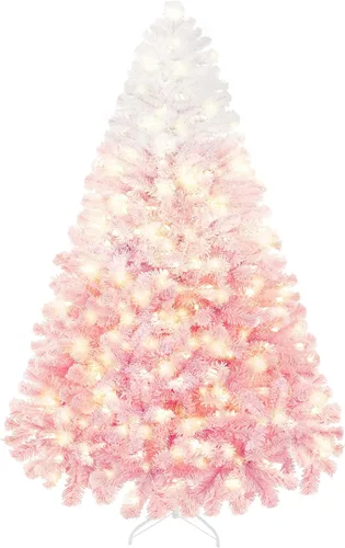 Vista 15 de Yaheetech - Árbol artificial de Navidad preiluminado de 9 pies con luces incandescentes de color blanco cálido, árbol de Navidad con flecos de Verde