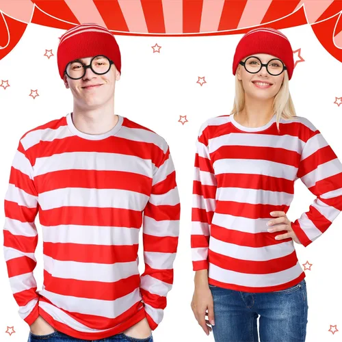 Vista 4 de Hicarer 7 piezas de Halloween Cosplay camisa de rayas rojas y blancas para adultos, hombres y mujeres, disfraces de Halloween, sudadera con gafas