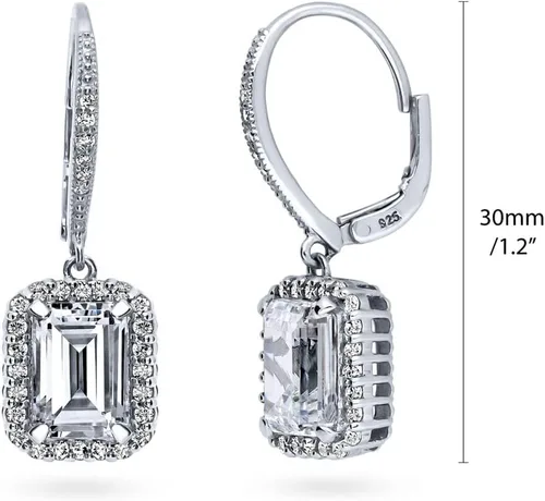 Vista 2 de BERRICLE Sterling Silver Halo Leverback Drop Dangle Earrings for Women, Cubic Zirconia CZ - Emerald, Pear, Round Cut