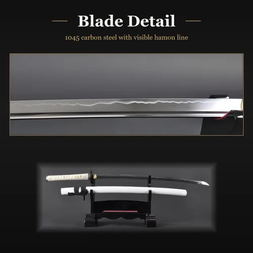 Vista 5 de HMS Samurai Katana Sword, Practical, Hand Forged, 1045 Carbon Steel, Heat Tempered/Clay Tempered, Full Tang, Sharp, Scabbard Blanco-dragón-951A