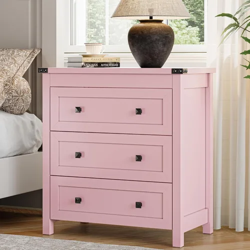 Vista 10 de Cómoda para dormitorio con 3 cajones, cajones pequeños de 27.55" de ancho, cómoda de madera estilo granja, mesita de noche, gabinete de cabecera