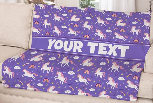 Vista 2 de Manta de unicornio púrpura para niños, forro polar personalizado, 50 x 60 Unicornios (Púrpura)