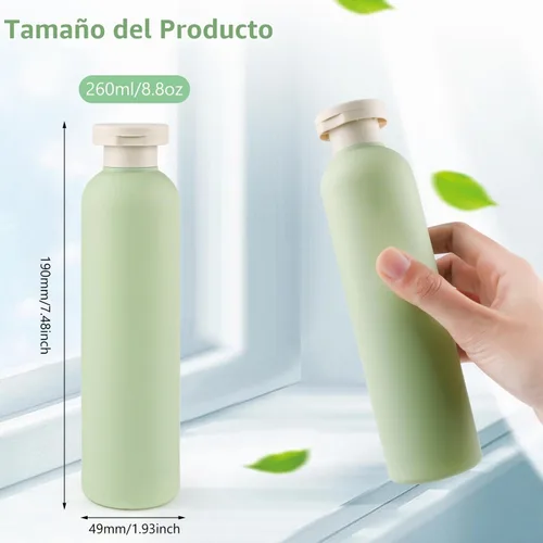 Vista 2 de 5 botellas de plástico para loción de viaje de 8.8 fl oz/8.8 onzas, recipientes recargables con tapa abatible para artículos de tocador, cremas