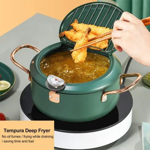 Vista 4 de Freidora de 9.4 in con tapa con bisagras, escurridor de aceite, control de temperatura ajustable, perfecta para cocinas de inducción, estufas