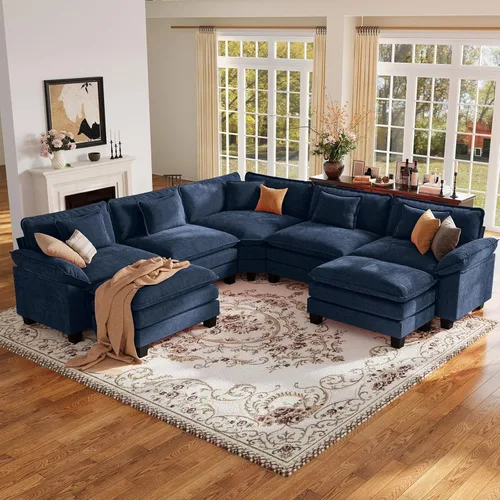 Vista 75 de Sofá modular de gran tamaño de 154 pulgadas, cómodo sofá en forma de U con 3 otomanas móviles, sofá moderno de felpilla de 7 plazas para sala