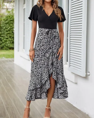Vista 4 de BTFBM Vestidos largos de verano para mujer, manga corta, cuello en V, estampado floral, bohemio, cintura alta, con volantes, vestido largo de cóctel