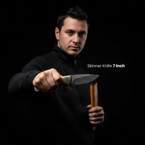 Vista 2 de Rite Edge SZCO - Cuchillo skinner de 7 pulgadas, cuchillo de caza con mango de hueso, hoja de acero de damasco y funda, cuchillo de bolsillo
