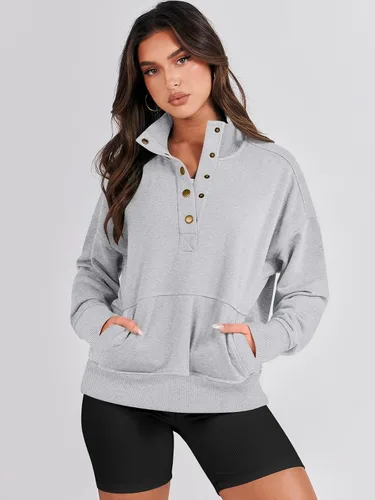 Vista 3 de ANRABESS Sudadera casual de manga larga para mujer, con botones, cuello en V, holgada, con bolsillos