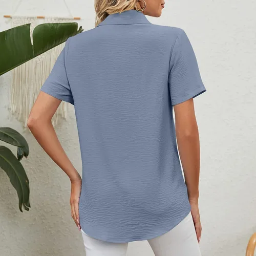 Vista 3 de Blusa de manga corta con cremallera para mujer, cuello en V, camiseta casual de verano para exteriores, camisetas y blusas para uso diario