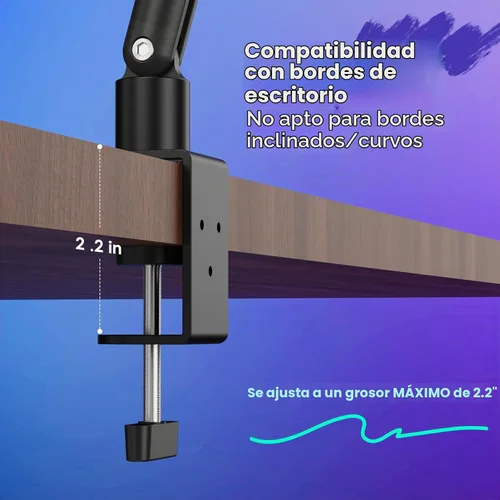 Vista 3 de Brazo de micrófono ajustable para micrófonos ligeros, soporte de escritorio giratorio de 30 pulgadas con gestión de cables y hilos de 3/8 pulgadas