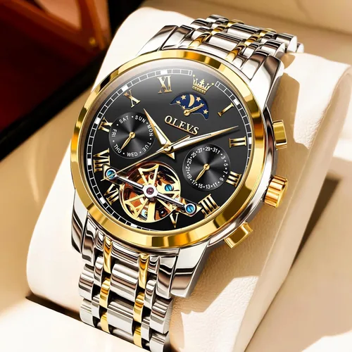 Vista 2 de OLEVS Relojes automáticos para hombre, diseño de esqueleto Tourbillon, cuerda automática, reloj de pulsera de lujo, fase lunar, fecha, impermeable