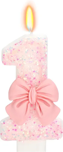 Vista 45 de Vela de cumpleaños para pastel, vela 0 - purpurina rosa con lazo, vela de feliz cumpleaños de 2.76 pulgadas, adorno superior de pastel para fiestas