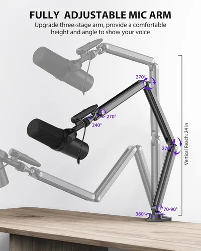 Vista 2 de KU XIU Soporte de micrófono de brazo de aleación de aluminio para escritorio, soporte de brazo de micrófono ajustable de tres secciones con canales