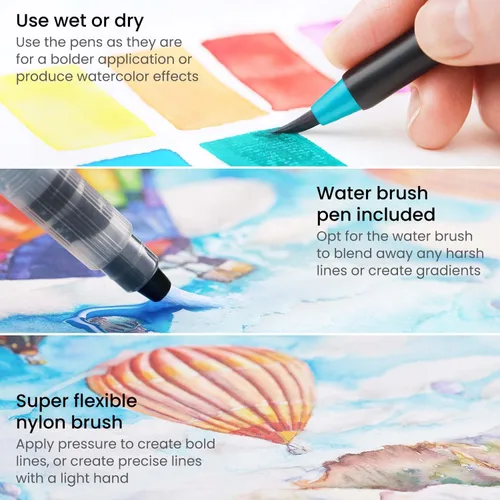 Vista 4 de ARTEZA Bolígrafos de pincel real, juego de 12, tonos brillantes, marcadores de acuarela mezclables y 1 cepillo de agua, suministros de arte