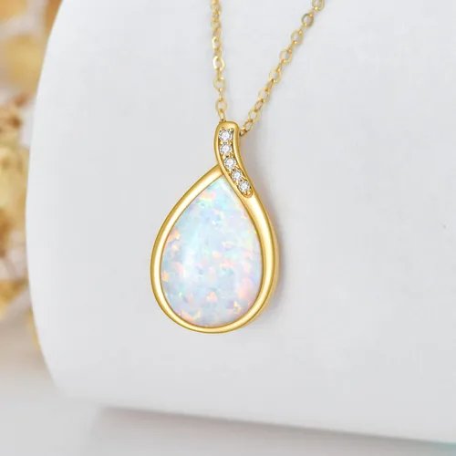 Vista 2 de YDD Collar de ópalo blanco de oro macizo de 14 quilates para mujer, delicado colgante de lágrima con ópalo con diamante genuino, piedra natal