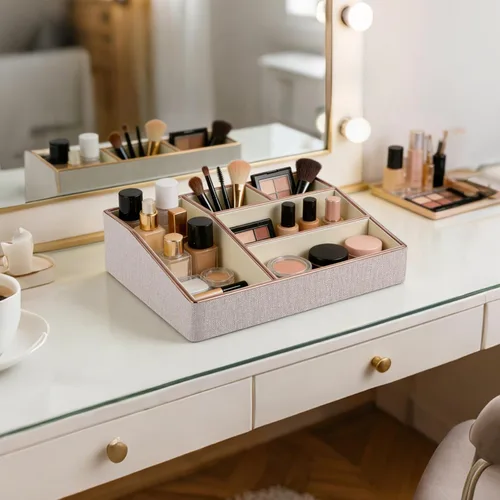 Vista 6 de Bandeja organizadora de maquillaje de piel sintética, organizador grande de tocador, caja de almacenamiento de cosméticos para pinceles de lápiz