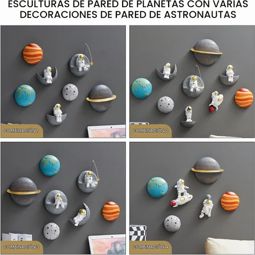 Vista 4 de 4 piezas de decoración de pared de planetas del espacio exterior – Esculturas de pared 3D modernas para sala de estar y dormitorio – Decoración