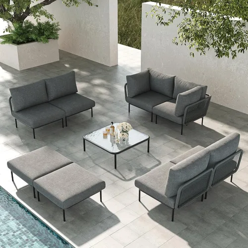 Vista 14 de LayinSun Juego de muebles de patio de aluminio de 7 piezas, sofá modular moderno con mesa auxiliar y cojín de grosor mejorado Gris claro