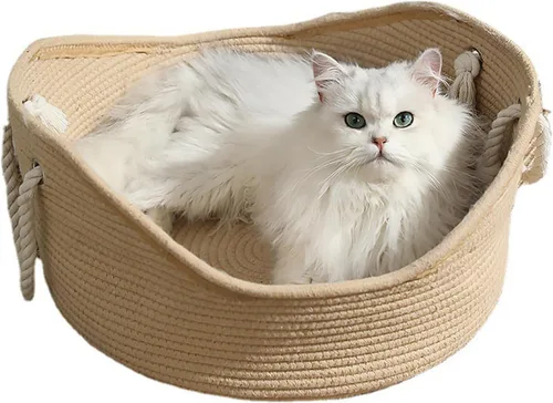 Vista 7 de Cama de algodón tejida para gatos con cuerda de algodón para perros pequeños y gatos, cesta de nido para dormir, hecha a mano, cuna natural