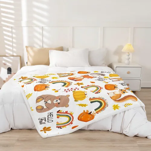 Vista 2 de Manfei Manta de otoño con diseño de hojas de calabaza, dibujos animados, arcoíris, zorro, oso, ciervo, para niños y niñas, manta de cosecha de otoño