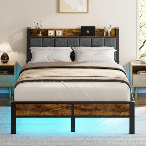 Vista 11 de Liians Base de cama de tamaño individual con cabecera de almacenamiento y estación de carga, luces LED RGB inteligentes, cama de plataforma de metal