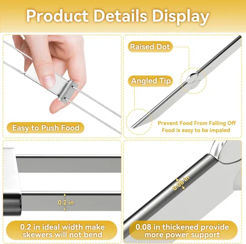 Vista 6 de Brochetas para Asar - Brochetas de 33 cm con Barra de Empuje de Doble Punta Antideslizante de Metal para Kabobs, Brocheta de Acero Inoxidable