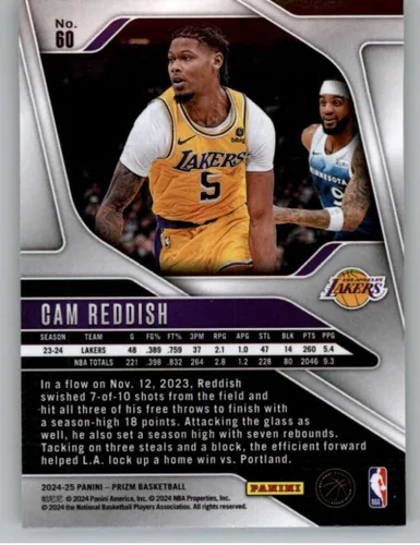Vista 2 de 2024-25 Panini Prizm #60 Cam Reddish Los Angeles Lakers NBA Basketball Base Trading Card