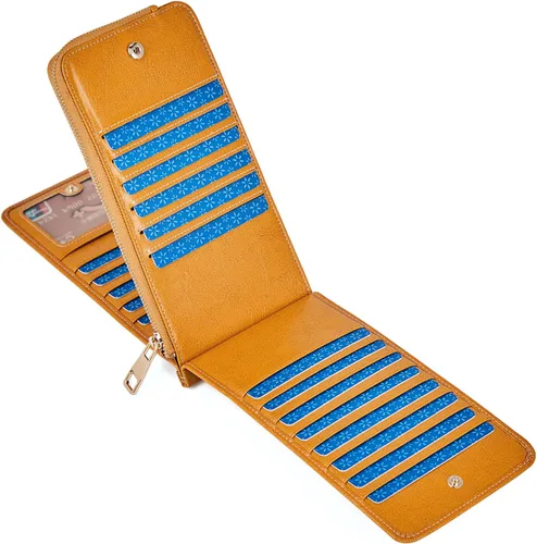 Vista 2 de FOXLOVER Cartera de cuero con bolsillo con cremallera para mujer con bloqueo RFID, Amarillo, Classic