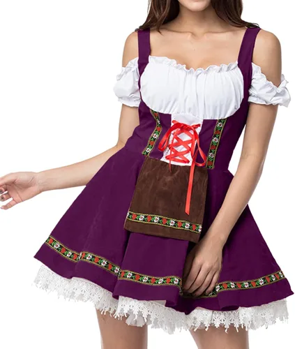 Vista 3 de CRNTCEM Vestido de Oktoberfest para Halloween, disfraz de sirvienta de cerveza, corsé, hombros descubiertos, Dirndl, festival, cosplay, vestido