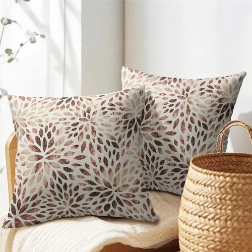 Vista 5 de Juego de 2 fundas de almohada de dalia rojo burdeos de 16 x 16 pulgadas, fundas de almohada geométricas rústicas de flores de algodón y lino