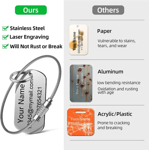 Vista 3 de Etiquetas de equipaje personalizadas para maletas y mochilas, etiquetas de nombre personalizadas de metal de acero inoxidable para niños, mujeres