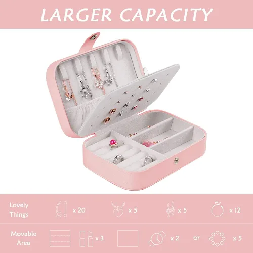 Vista 4 de XMJXBOX Joyero organizador de joyas de viaje de piel sintética para viajes caja de joyería pequeña de 2 capas para soporte de joyas para anillos