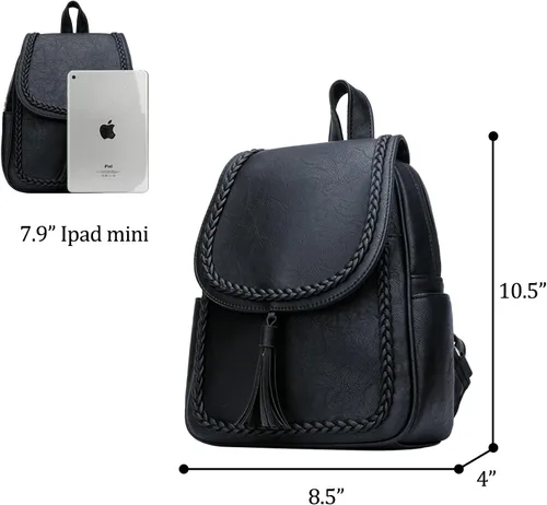 Vista 4 de KKXIU Bolso pequeño de la mochila del cuero sintético de la manera para las mujeres y las niñas adolescentes con la borla, Negro -, Viajar