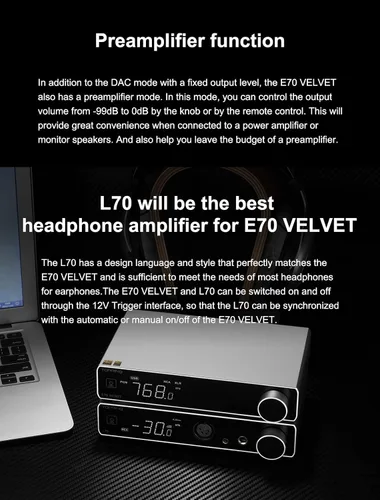 Vista 7 de Topping E70 Velvet AK4499EX DAC Decodificador de Audio - Bluetooth 5.1 LDAC Alta Resolución XU316 32Bit/768kHz DSD512 Entradas BT/USB/Coax/Opt Negro