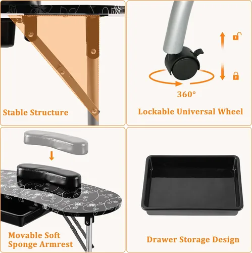 Vista 5 de Alohappy Mesa de manicura portátil y plegable con cajón, lámpara de mesa LED con enchufe USB, almohadilla de muñeca para cliente, bolsa