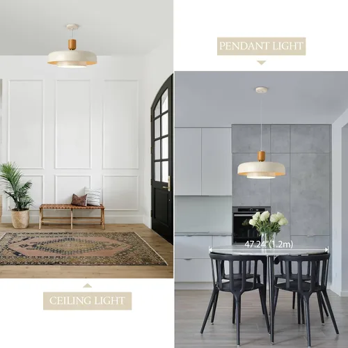 Vista 7 de Lámpara Colgante Grande Moderna de 19.68 Pulgadas, 2 Niveles con Pantallas Crema Suaves, Acento de Madera Natural y Latón, Candelabro de Mediados