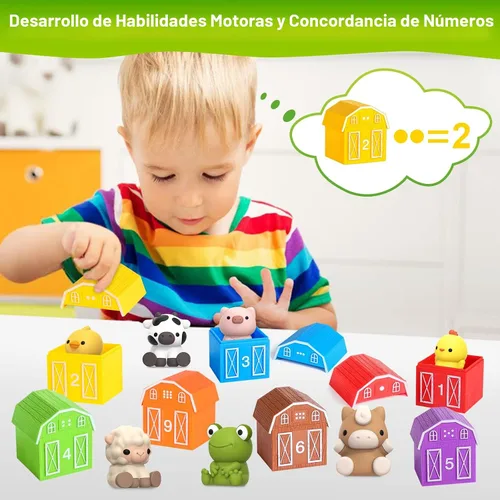 Vista 6 de Juguete de aprendizaje para niños pequeños de 1, 2 y 3 años, 10 juguetes de animales de granja y 10 graneros, juguetes sensoriales educativos