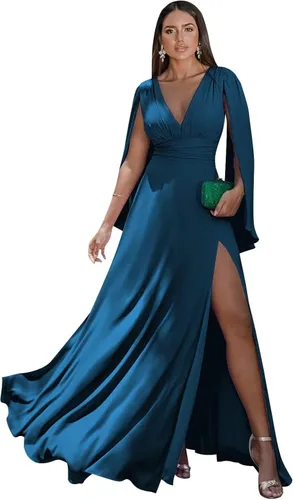 Vista 8 de Women's Long Sleeve Bridesmaid Dresses V-Neck Chiffon Ruched Formal Dress Evening Gown with Slit