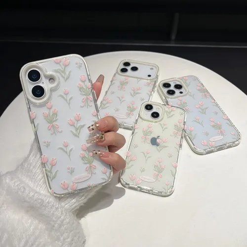 Vista 2 de Funda para iPhone 13, color blanco Funda para teléfono con diseño floral de tulipanes rosados para iPhone
