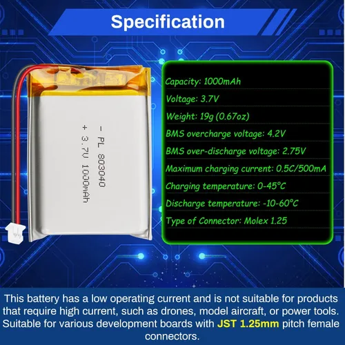 Vista 3 de Paquete de Batería LiPo de 3.7V 1000mAh 803040, Batería de Polímero de Litio Recargable 1S con Protección PCM, Conector Micro JST de 1.25mm de 2