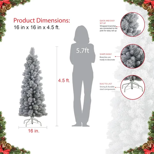 Vista 6 de Puleo International Árbol de Navidad artificial de lápiz flocado de 4.5 pies con soporte, verde, (TFP8305-45)