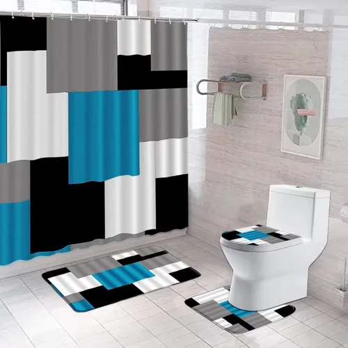 Vista 8 de Yizheer - Juego de cortina de ducha de 4 piezas con diseño geométrico y de color azul, moderno, para el baño, con 12 ganchos, tapete para la bañera