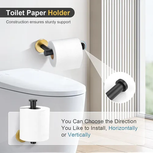 Vista 4 de TQKAG Juego de accesorios de baño negro y dorado de 5 piezas, juego de toalleros redondos de acero inoxidable de 23.6 pulgadas para baño montado