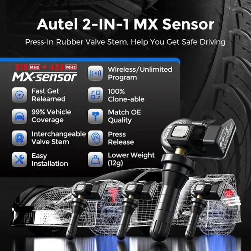 Vista 2 de Autel TPMS - Sensores MX, sensor TPMS de 315MHz y 433MHz 2 en 1, sensor de presión de neumáticos insertable, sistema de monitoreo de presión