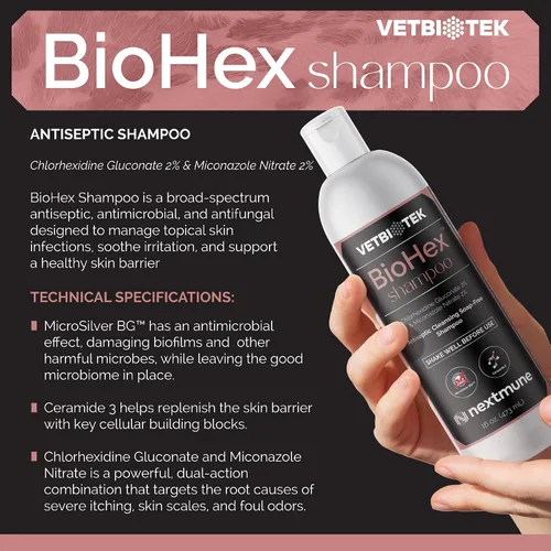 Vista 2 de BioHex - Champú para perros, gatos y caballos, limpieza profunda sin jabón, 16 onzas Chlorhexidine & Miconazole, MicroSilver BG, Ceramide 3
