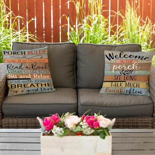 Vista 2 de Fundas de almohada para porche con reglas de porche impermeables, bienvenida a nuestro porche, fundas de almohada para patio, para sofá, banco Marrón