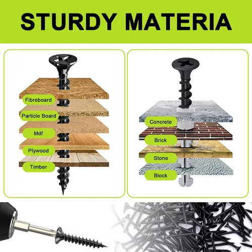 Vista 4 de Tornillos para madera negros #6 de 1-5/8 pulgadas, 100 unidades, tornillo autorroscante plano rápido Phillips, tornillos para paneles de yeso