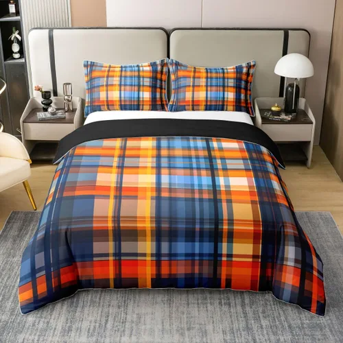Vista 19 de Erosebridal Juego de ropa de cama de 100 % algodón a cuadros para niños y niñas, funda de edredón a cuadros, funda de edredón moderna geométrica