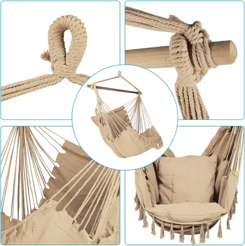 Vista 3 de Silla tipo hamaca, asiento colgante de cuerda para interiores y exteriores, lona de algodón suave y duradera, 2 cojines incluidos, silla de lectura